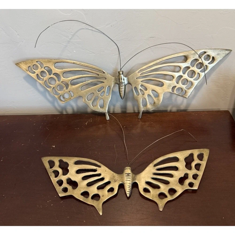 Lot Of 2 Vintage Brass Butterflies Wall Hanging Bendable antenna Garden Art